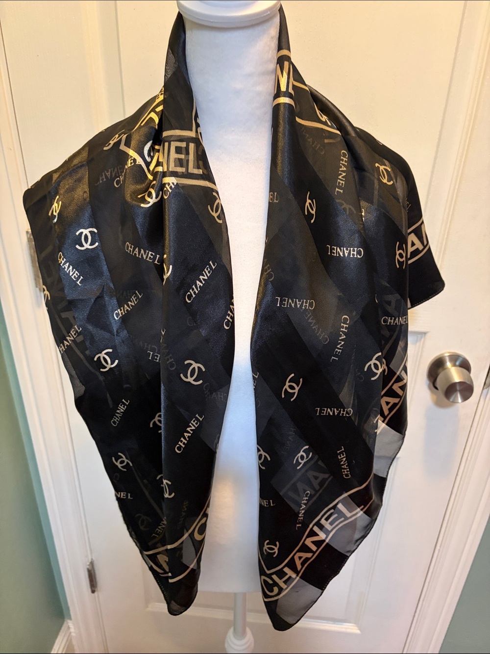 CHANEL Black and Gold Signature Logo Scarf